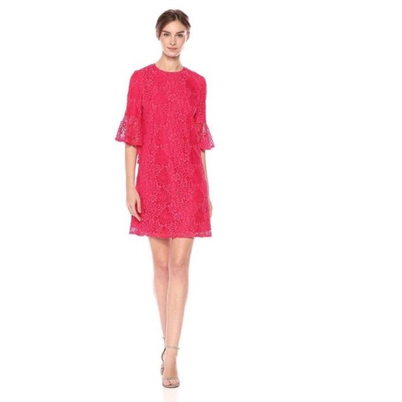 ANN TAYLOR Coral Pink Lace Ruffle Bell Sleeve Dres - Picture 13 of 14